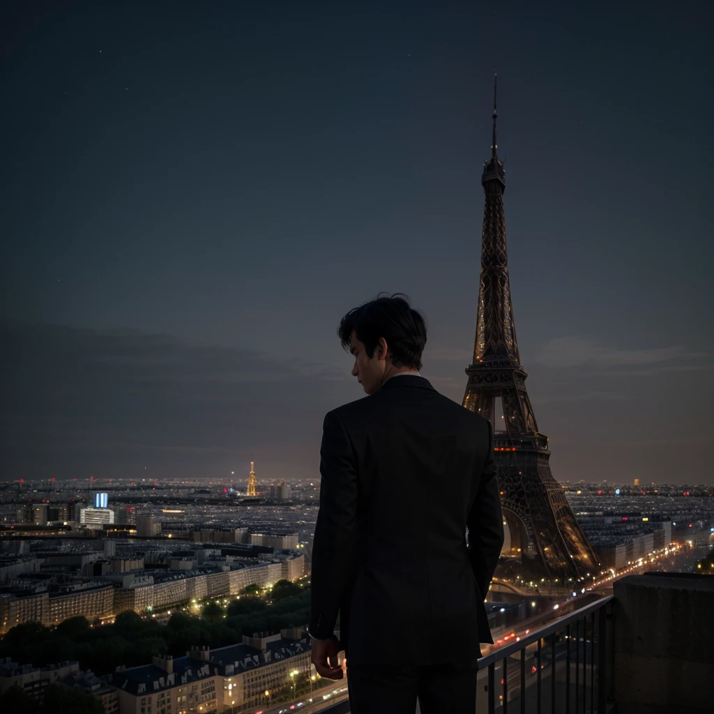 a boy with messy black hair facing his back wearing a black suit on top of the mountain overlooking tower Eiffel at night