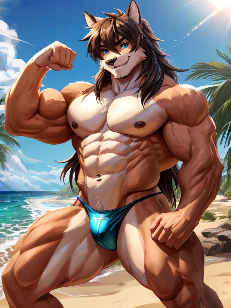  male boy bodybuilder flexing sexy in a beach, spoiled boy, arrogant attitud, femboy, indulged rich boy, anime style, rich boy, sexy thongs, erotic thongs, arrogant smiling, 23 years old, handsome, long hair, mullet haircut, big legs, full body, defined body, topless, shirtless, abs, extremely defined muscles, handomse, high quality, 4k, blue eyes, sexy look, sexy pose, bara, close up,((best quality))), ((ultra-detailed))
