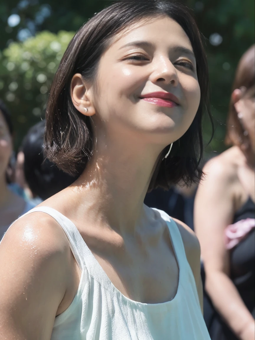 (38 years old), (Black High Neck Sleeveless Shirt:1.2),(White wool pants)、 double eyelid, eyelash, Red Lip gloss, (smile:1), ((close your eyes:0.85)), (Looking at the audience、Are standing), (From above:0.2)、尖ったRed Mouth、(reddish brown wet shiny short hair),Red Mouth,clavicle、 (Realistic:1.3),(RAW Photos),(woman standing in front of an old castle, Beautiful lawn, erupt, Bright sunshine in the city of Modena, Italy) , 8K, Very detailed, Highest quality, Rough skin, Anatomically correct, masterpiece , Highest quality, Cinema Lighting, Use perspective throughout , Surrealism , ,(Realistic:1. 3),(RAW Photos) , Black Hair, light smile, short hair, Bobcut, Anaglyph, Stereogram, (Mature Woman:1),38 years old), ((close:0.5)), Glare, double eyelids, Lip gloss, (smile:1), ((close your eyes:0.85)), Red Mouth, clavicle, ((Looking at the audience)), (short hair of reddish-brown color wet and shiny,), (The whole body is visible) , Slightly thick body type , Eyes Wide Open , Perfect round eyes , Fine texture