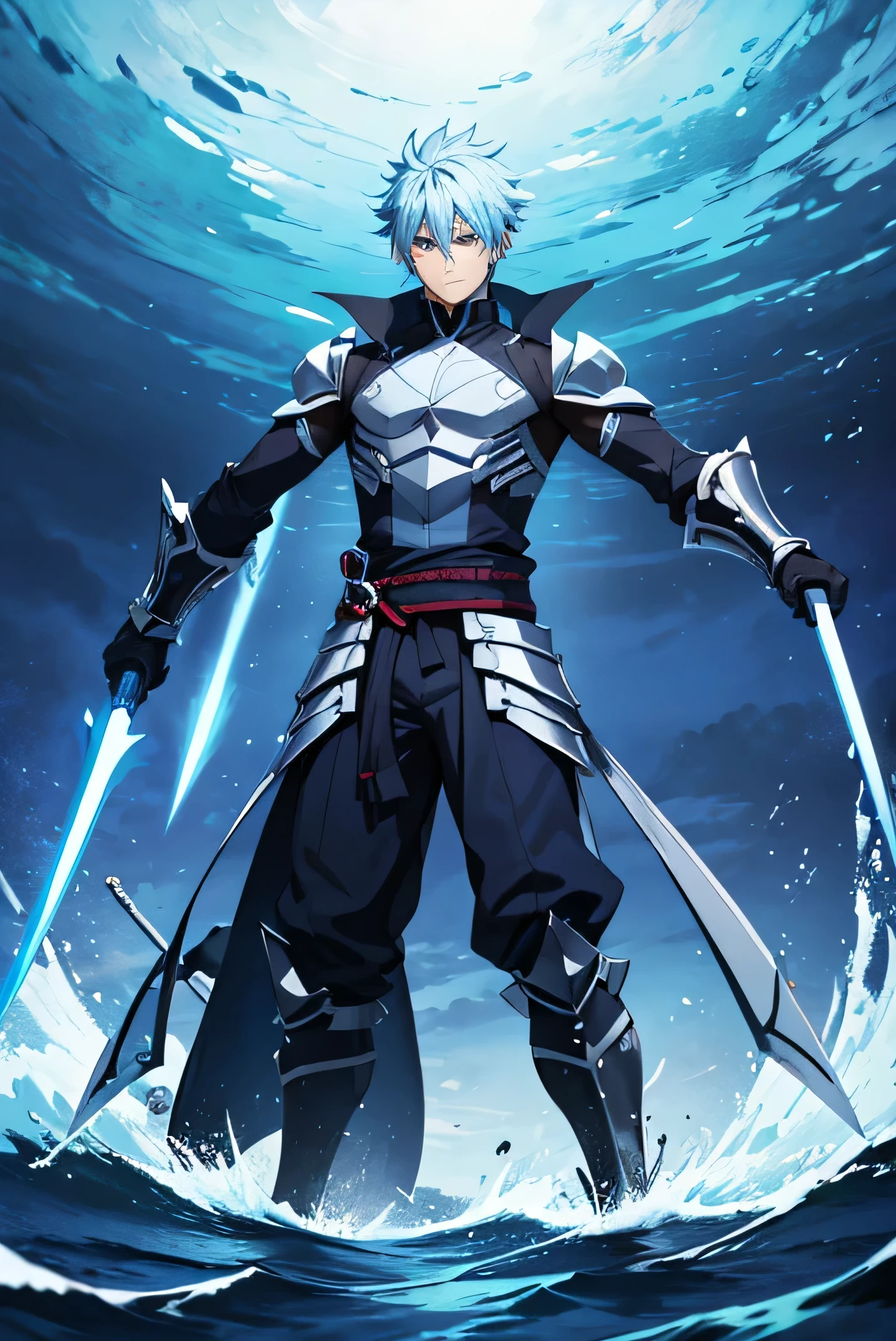 A male character standing with arms crossed over a vast ocean, with spiked blue hair resembling a clear sky, similar to Tobirama Senju. He wears a combination of ninja armor and elegant, flowing robes. His expression is serious, with intense eyes conveying a sense of power and determination. The attire blends battle armor elements with sophisticated details.
Behind him, water-formed swords suspended in the air point forward. The scene is impressive, with the contrast of the calm ocean and the water swords poised to strike, further highlighting the character's imposing presence