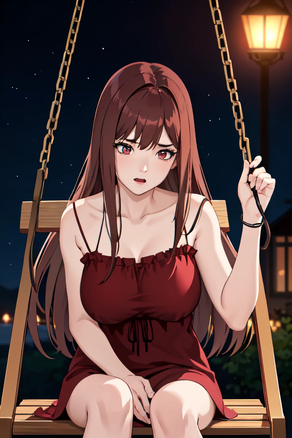 1 girl,cute,Sitting on a swing, at night,straight hair,brown hair, bright red eyes,big breast,,Looking away,,Night gown ,half body,close up photo