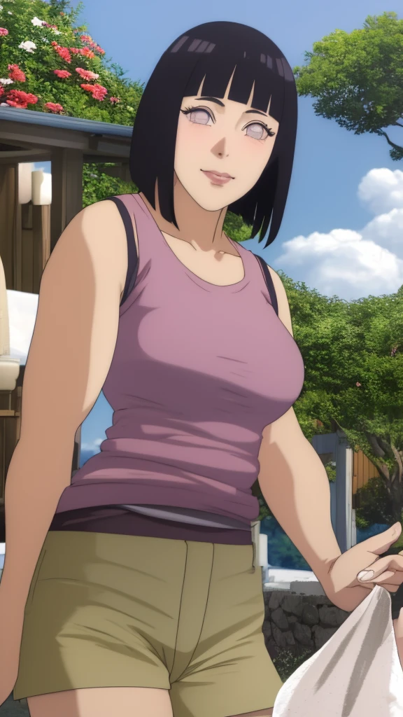 Masterpiece, Hinata\(Boruto\), 1 girl, alone,mature woman, (wearing mini camisole & hotpants:1.25),  outdoor, look at viewer, (petals falling), The sky is cloudy, laundry-ing, perfect composition, details lips, big breast, Beautiful face, body proportions, Blush, (pink lips), long hair,  purple eyes,  soft stare, sad smile,  Very realistic, details, photography, accurate faces and bodies, stay-at-home wife, lonely wife x burly black granpa, 