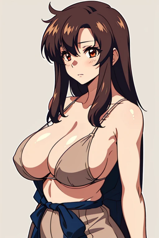 (beautiful detailed eyes:1.5, beautiful detailed face:1.2, beautiful detailed hair), Murrue Ramius, a woman, red eyes, blush, milf, wife, ????, Curvy, (brown hair, long hair, bangs), (sagging ?????????????:1.5), (chemise:1.5, ??????), arms behind back, upper body, standing, (Perfect detailed ???????, beautiful detailed hair, perfect female body:1.2, shiny skin), (thick outline, Beautiful outlines, black outlines), simple background:1.5