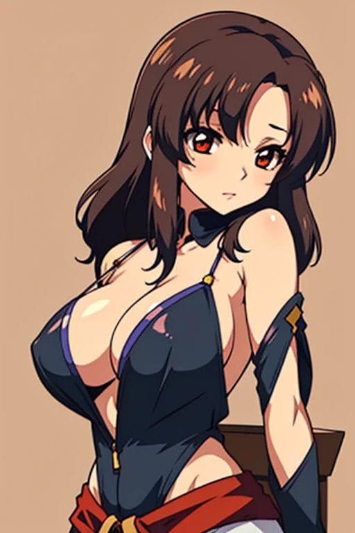 (beautiful detailed eyes:1.5, beautiful detailed face:1.2, beautiful detailed hair), Murrue Ramius, a woman, red eyes, blush, milf, wife, sexy, Curvy, (brown hair, long hair, bangs), (sagging large breasts:1.5), (chemise:1.5, no bra), arms behind back, upper body, standing, (Perfect detailed Anatomy, beautiful detailed hair, perfect female body:1.2, shiny skin), (thick outline, Beautiful outlines, black outlines), simple background:1.5