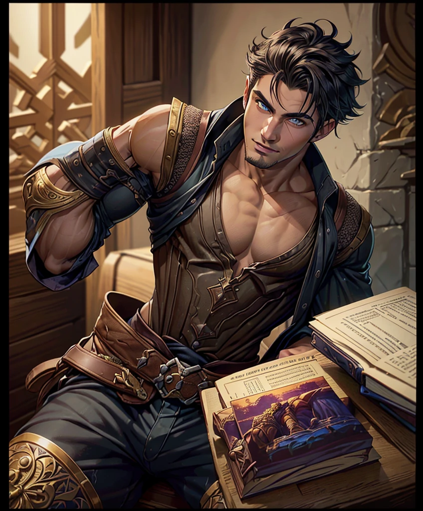 (((Single character image.))) (((1boy))) (((Looks like beefcake male fantasy character.))) (((Dressed in medieval fantasy attire.))) Boyfriend in a fantasy setting. (((Male fantasy character in a grim fantasy setting.))) Looks like a fun-loving and heroic male adventurer for Dungeons & Dragons. Looks like a very attractive male adventurer for a high fantasy setting. Looks like a hot boyfriend. Looks like a handsome and rugged male adventurer for Dungeons & Dragons. Looks like a handsome male for a medieval fantasy setting. Looks like a Dungeons & Dragons adventurer, very cool and masculine hair style, black clothing, handsome, charming smile, adventurer, athletic build, excellent physique, confident, gorgeous face, gorgeous body, detailed and intricate, fantasy setting,fantasy art, dungeons & dragons, fantasy adventurer, fantasy NPC, attractive male in his mid 20's, ultra detailed, epic masterpiece, ultra detailed, intricate details, digital art, unreal engine, 8k, ultra HD, centered image award winning, fantasy art concept, digital art, centered image, flirting with viewer, best quality:1.0,hyperealistic:1.0,photorealistic:1.0,madly detailed CG unity 8k wallpaper:1.0,masterpiece:1.3,madly detailed photo:1.2, hyper-realistic lifelike texture:1.4, picture-perfect:1.0,8k, HQ,best quality:1.0,