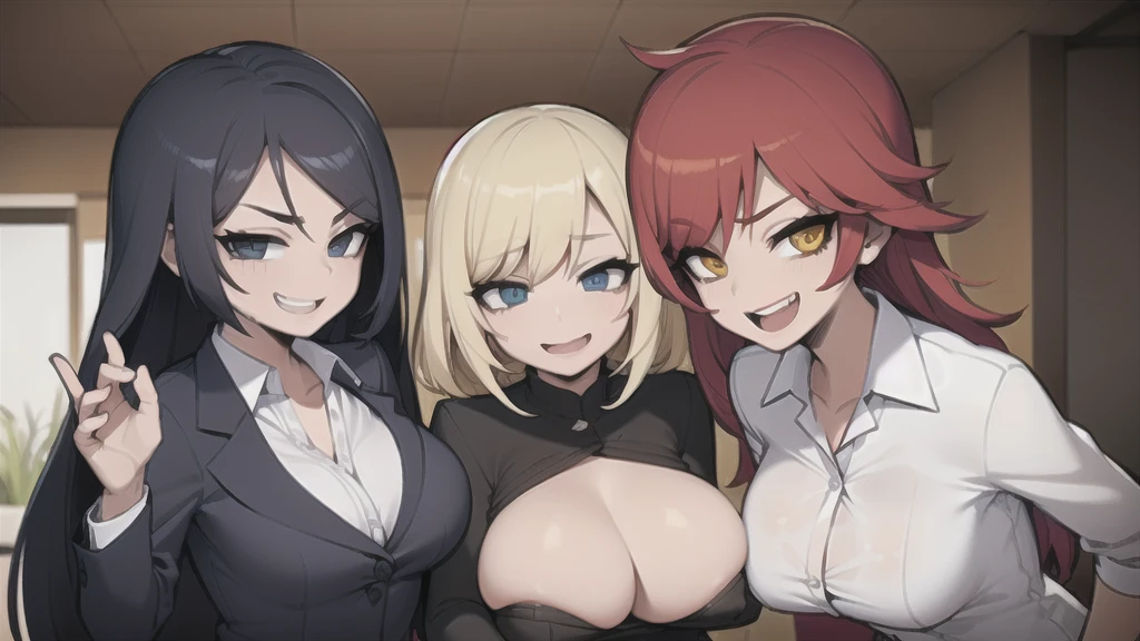 three sexy women who are wives of  boy, looking at camera, happy opened mouths, portrait, various hair, office outfits