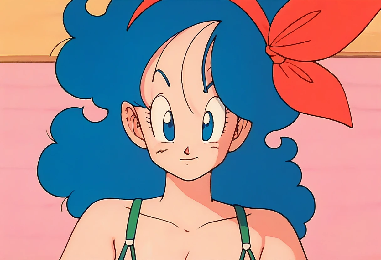 lunch (dragon ball) blue hair, very shy, little smile, sonrojada, desnuda, hands behind the waist