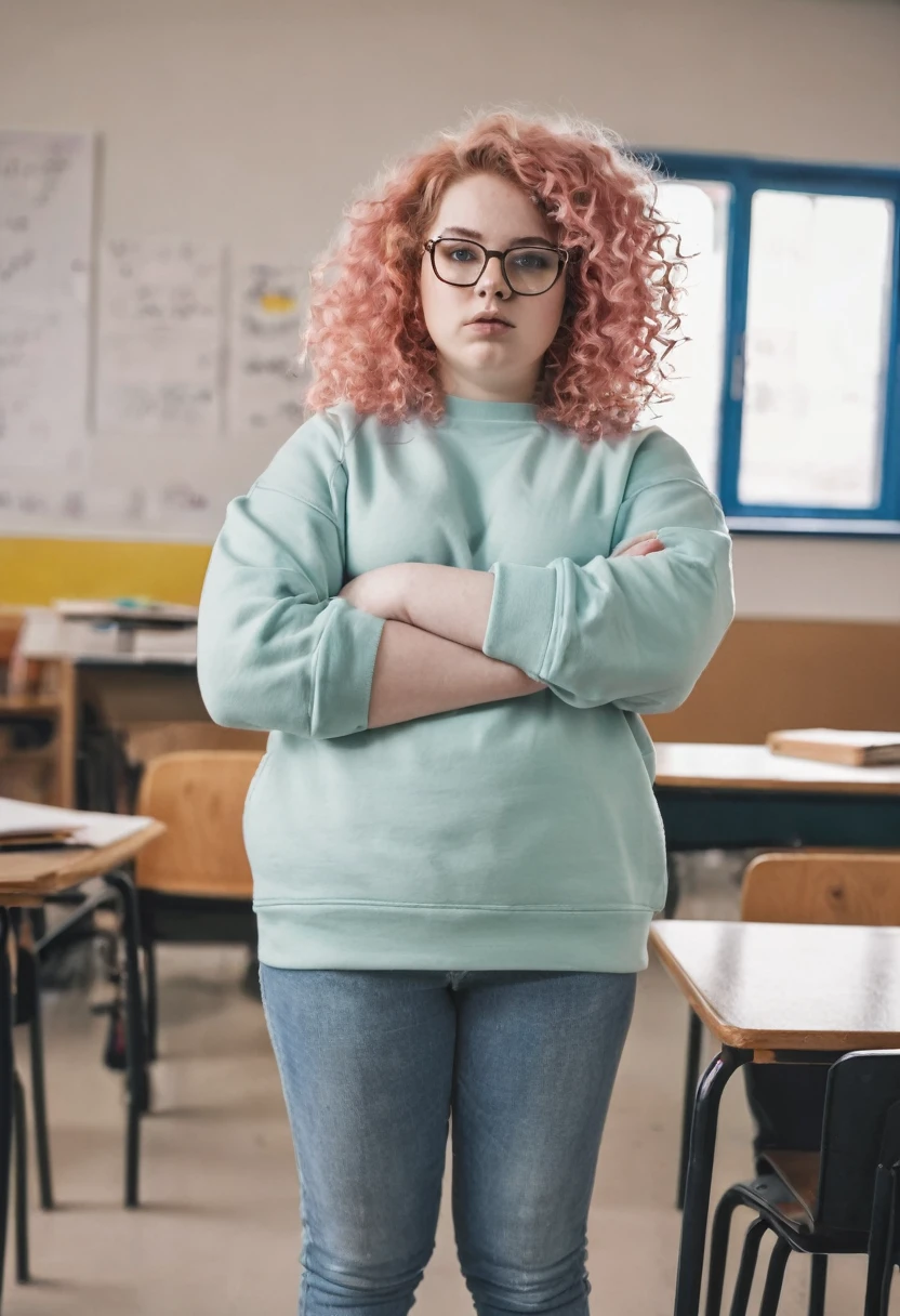 Pink Curly hair pale skin fat glasses woman in sweatshirt standing in classroom 