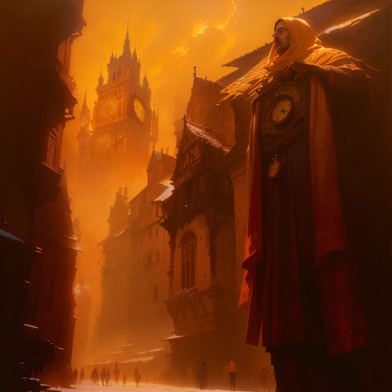 painting of a group of people standing in a doorway with a clock tower in the background, Style by Marc Simonetti, art Style by Marc Simonetti, Andreas Rocha and John Howe, marc simonetti. intricate, marc _ simonetti, Estilos de Zdzisław Beksiński, inspired by Marc Simonetti