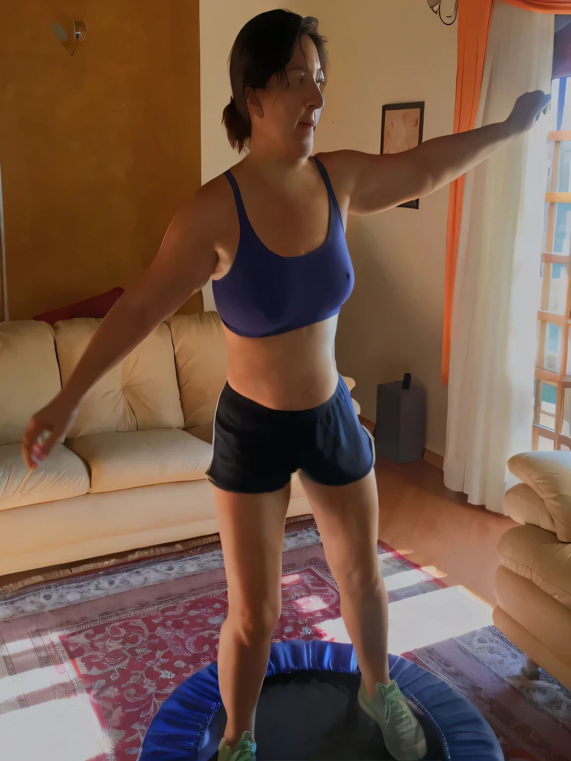 woman in blue top and black shorts playing wii in living room, cottagecore!! fitness body, bouncing, working out, toned shape, in good physical shape, sweating, standing athletic pose, fit pic, in a jumping float pose, full body wide shot, bottom angle, indoor shot, athletic muscle tone, postprocessed, workout, laura zalenga