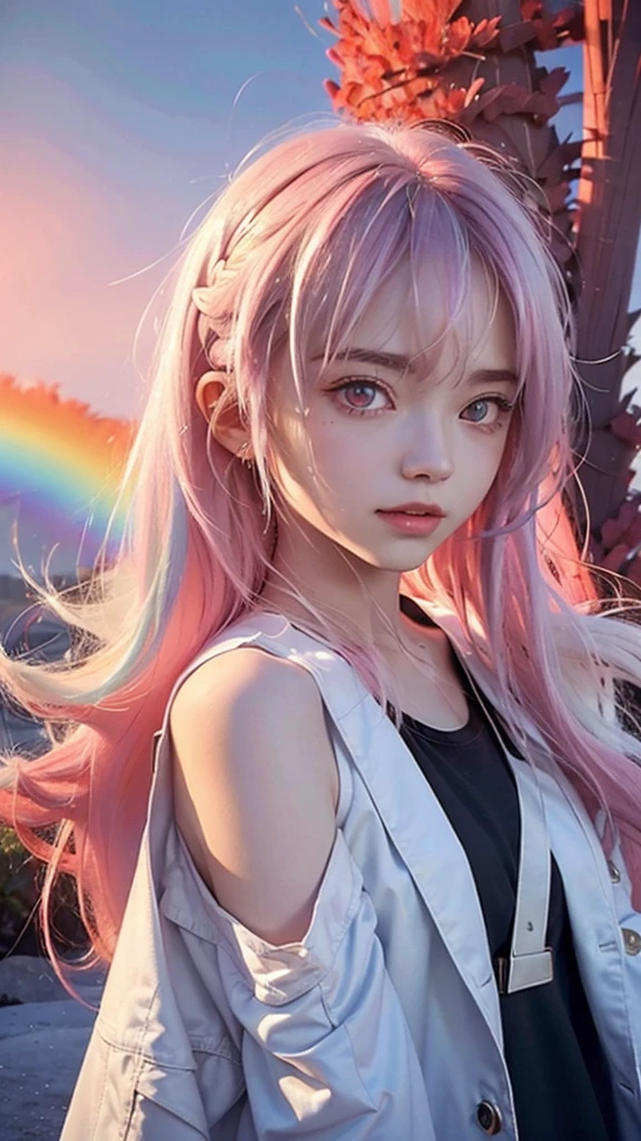 Background， Sky with a rainbow,₍₍wide shot,₎₎from below、 20-year-old woman, Platinum-coloured hair,  Medium length hair,(Hair with pink gradation at the ends,) ((pale red eyes,)) Dark Theme, Calm tone, Calm colors, High Contrast, (Natural skin texture, Hyperrealism, Soft Light, sharp)smile,Large size white raincoat, Black tank top, long shotBackground Sky with a rainbow, 20-year-old woman, Platinum-coloured hair, (High Top Fade:1.3), Shoulder-length hair,(Hair with pink gradation at the ends,) ((pale red eyes,)) Dark Theme, Calm tone, Calm colors, High Contrast, (Natural skin texture, Hyperrealism, Soft Light, sharp)smile,Large size white raincoat, Black tank top,