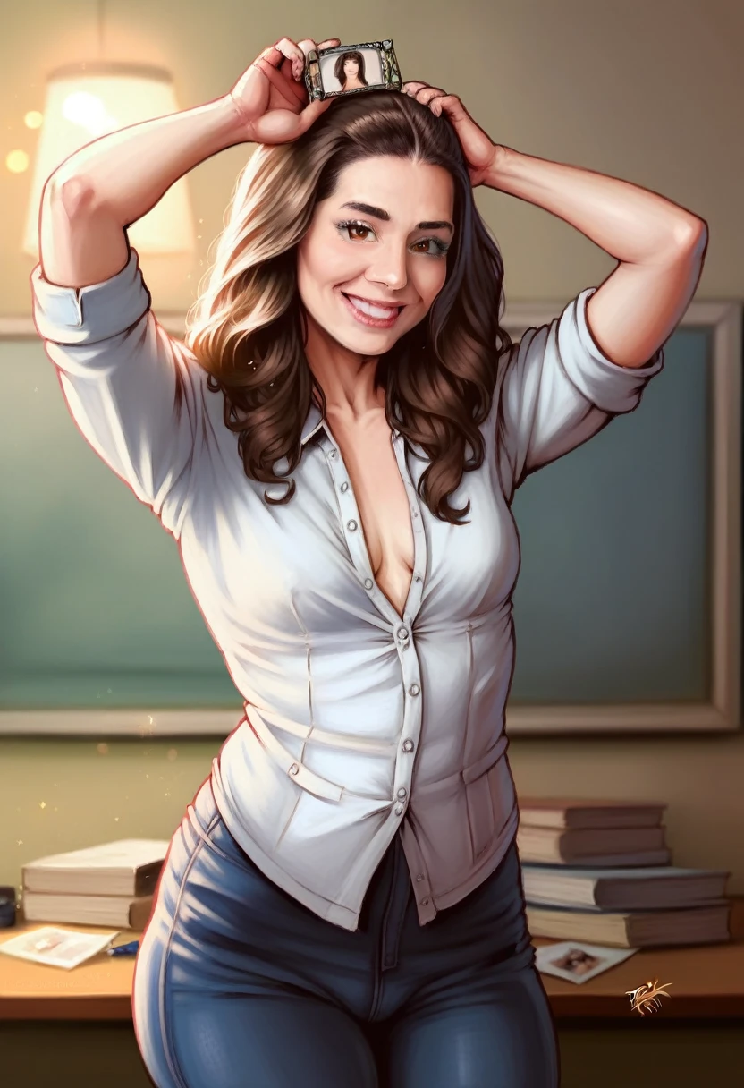 A beautiful young girl with brown hair and brown eyes, arms raised, full body, wide thighs, tiny breasts, wide hips, natural body, front view, fair skin, smiling expression, (best quality,4k,8k,highres,masterpiece:1.2),ultra-detailed,(realistic,photorealistic,photo-realistic:1.37),HDR,UHD,studio lighting,ultra-fine painting,sharp focus,physically-based rendering,extreme detail description,professional,vivid colors,bokeh,portrait