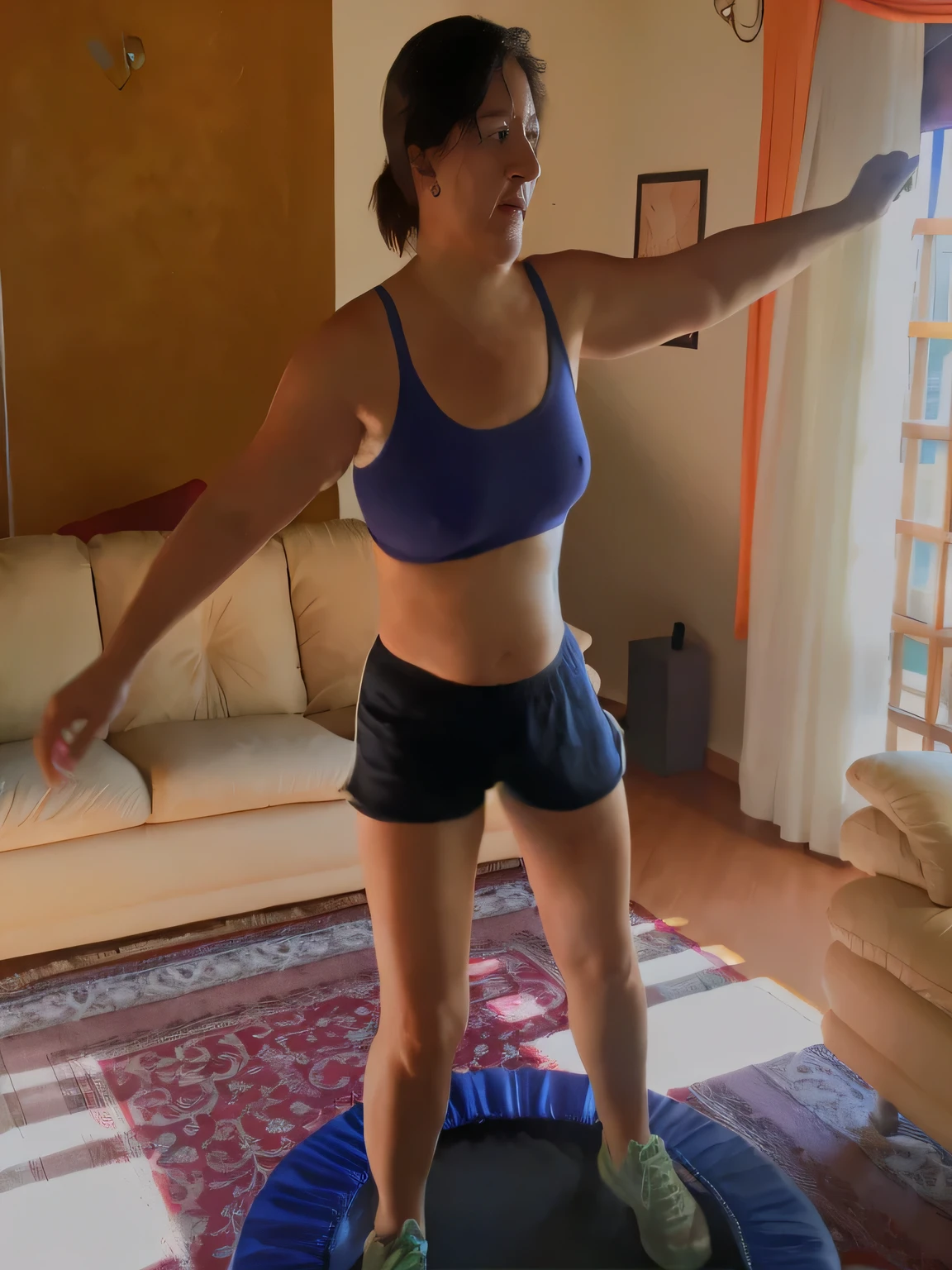 woman in blue top and black shorts playing wii in living room, cottagecore!! fitness body, bouncing, working out, toned shape, in good physical shape, sweating, standing athletic pose, fit pic, in a jumping float pose, full body wide shot, bottom angle, indoor shot, athletic muscle tone, postprocessed, workout, laura zalenga