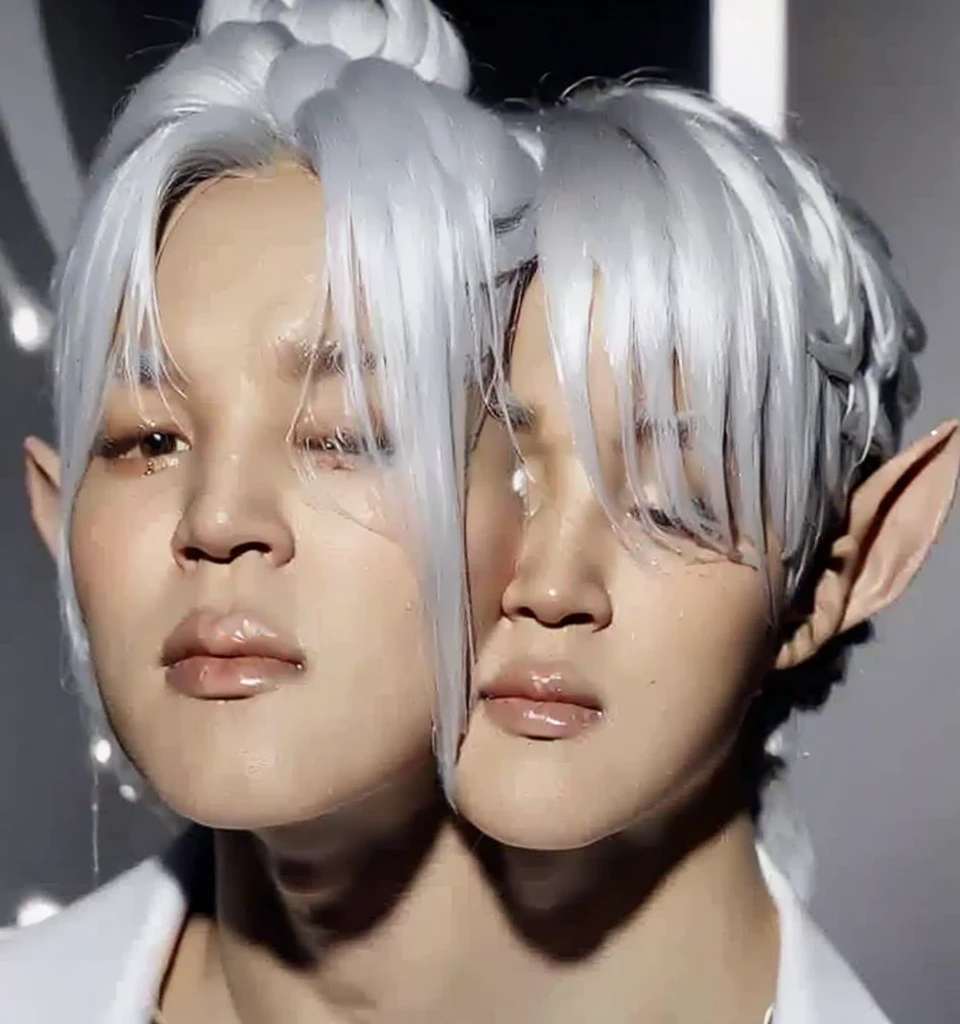 gorgeous face, Jimin appearance, White hair,Caucasian skin ,beautiful outfit, elf ears. boy,fluffly,Park Jimin,