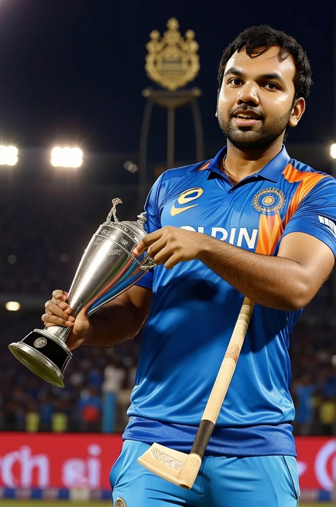 Create a photo of Rohit sharma with winning t20i trophy