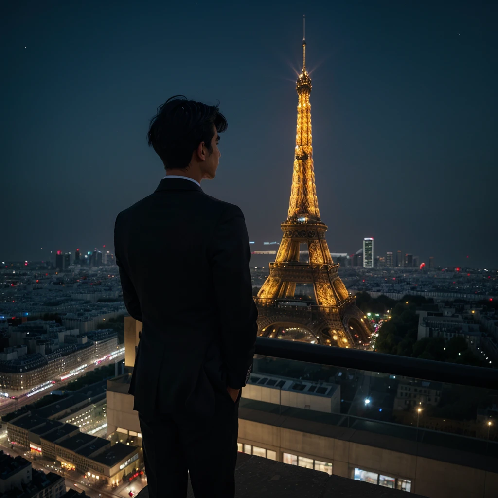 a boy with messy black hair facing his back wearing a black suit on top of the mountain overlooking tower Eiffel at night