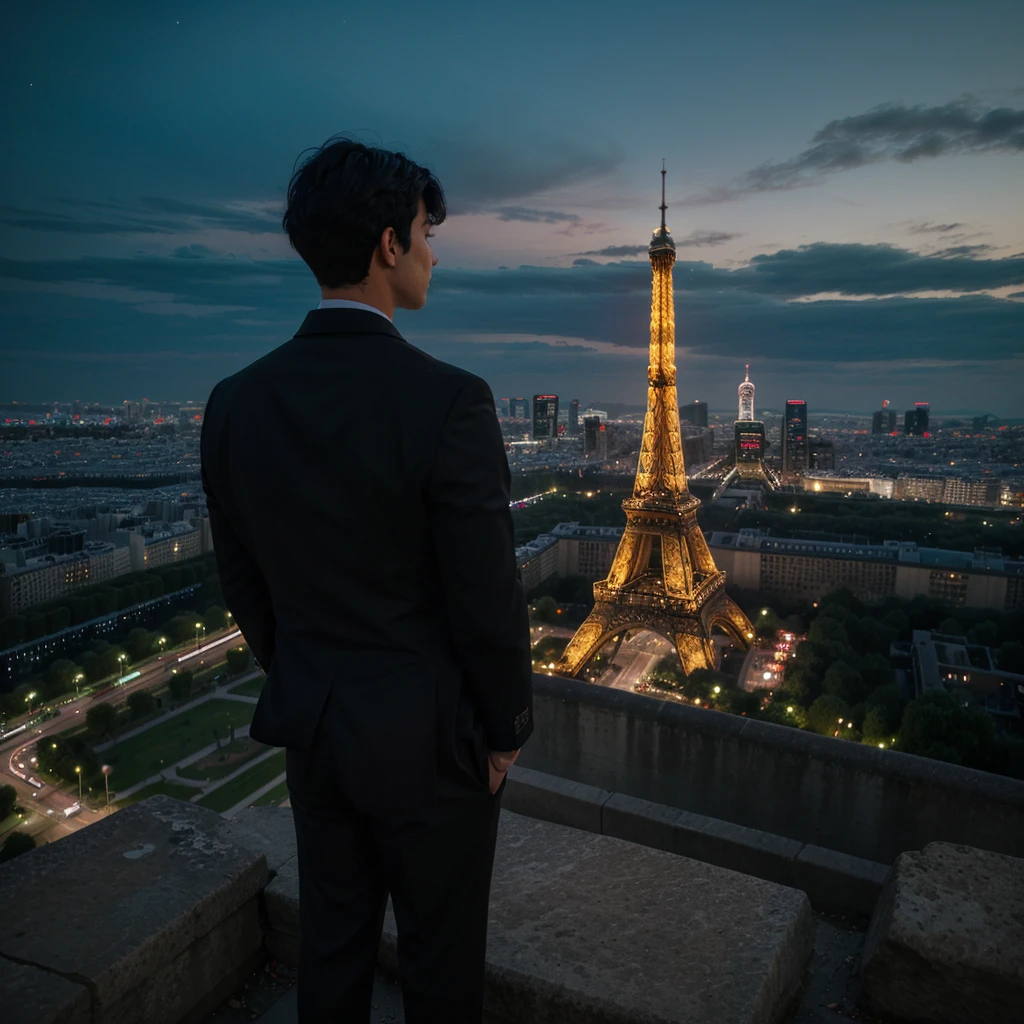 a boy with messy black hair facing his back wearing a black suit on top of the mountain overlooking tower Eiffel at night