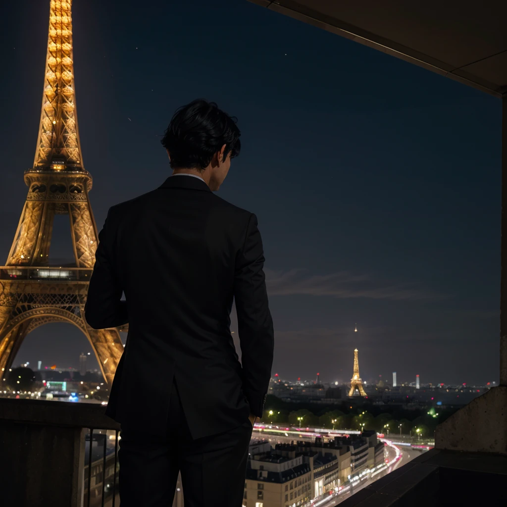 a boy with messy black hair facing his back wearing a black suit on top of the mountain overlooking tower Eiffel at night
