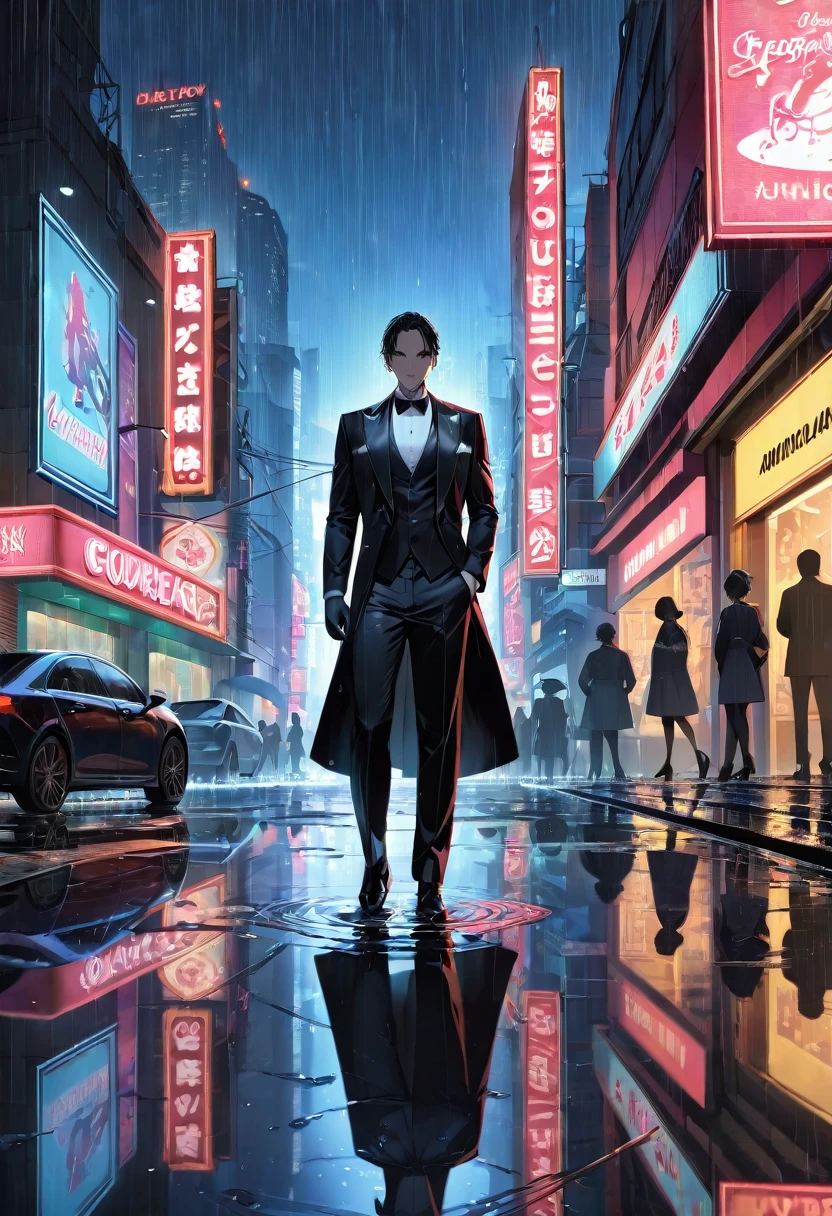 cover page, highres, top quality, best quality, paid reward available, unparalleled masterpiece, perfect artwork, absurdres, High-quality illustrations, super high resolution, detailed background, Lizard wearing a tuxedo wet in the rain, in the city, a night view with neon signs shining, silhouette reflected in a puddle, cinematic lighting,