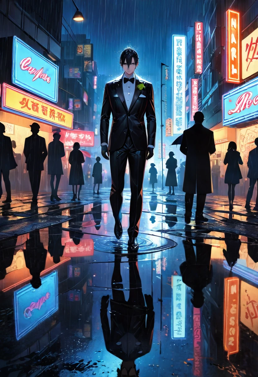 cover page, highres, top quality, best quality, paid reward available, unparalleled masterpiece, perfect artwork, absurdres, High-quality illustrations, super high resolution, detailed background, Lizard wearing a tuxedo wet in the rain, in the city, a night view with neon signs shining, silhouette reflected in a puddle, cinematic lighting,