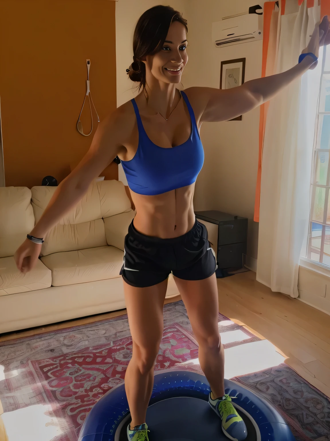 woman in blue top and black shorts playing wii in living room, cottagecore!! fitness body, bouncing, working out, toned shape, in good physical shape, sweating, standing athletic pose, fit pic, in a jumping float pose, full body wide shot, bottom angle, indoor shot, athletic muscle tone, postprocessed, workout, laura zalenga