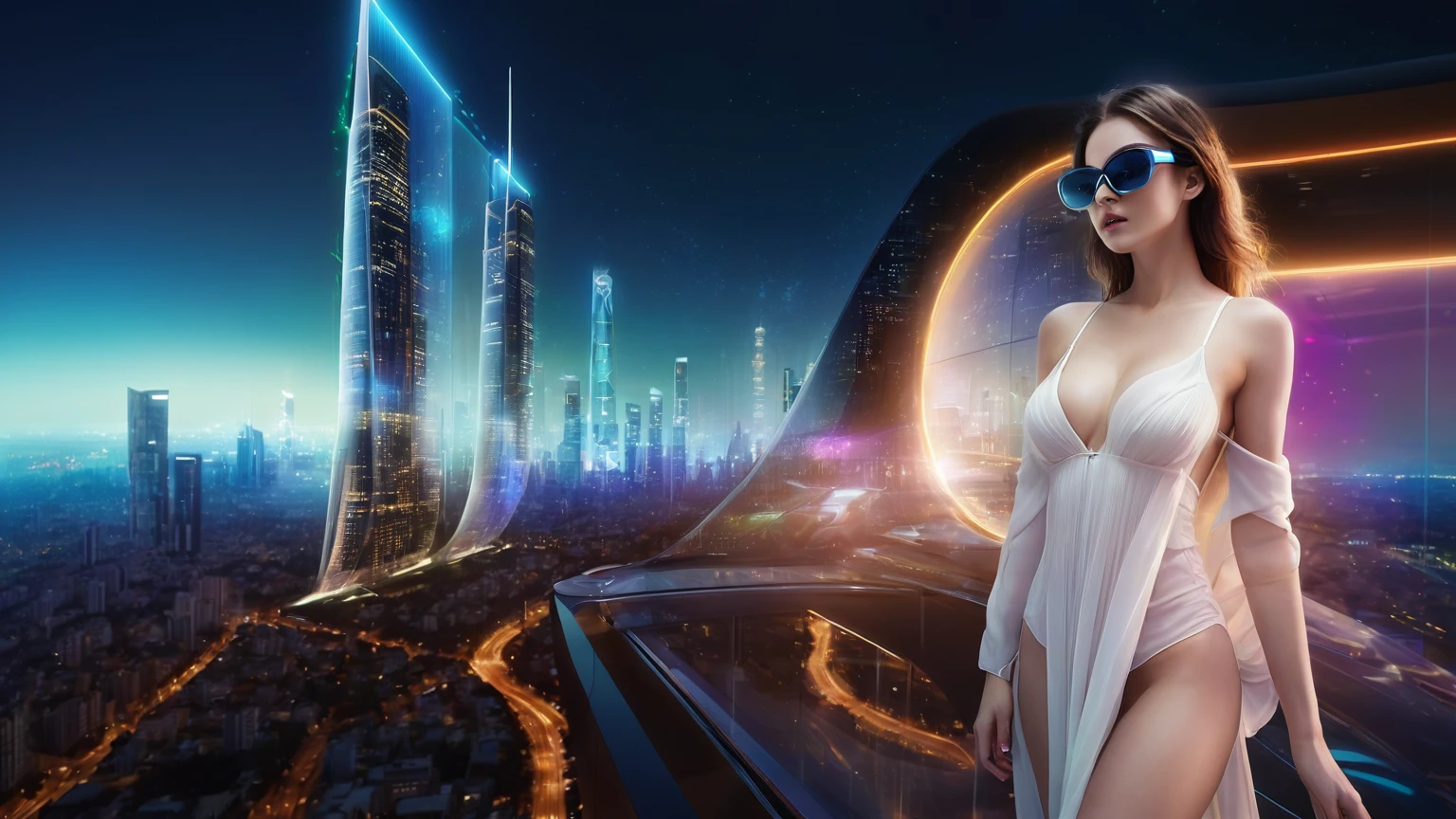 aerial view. Estilo: arte conceitual. A cena: Futuristic cityscapes with all-glass towering skyscrapers and (((sleek aerodynamic vehicles))) speeding through the air, 1drone. High-resolution OLED GUI interfaces in the building, The windows are filled with transparent data visualization infographics that show it all, from weather patterns to traffic flow, Matrix cascading code. Colors are saturated and vibrant, com rosas e roxos quentes dominando o horizonte. The overall effect is beautiful and inspiring. Matrix style, at night, dark sky, (((1girl, solo))), photo realistic, (((medium-breast:1.3 slim body, cleavage))), (((sling top, extreamly short pleated miniskirt exposing panty))), (((((running pose))))), (((((matrix style black sunglasses))))), (((aiming at camera with a short gun))), (((((looking at camera))))), (((very low view))), (((((half-body thigh level medium shot))))), (((cinematic lighting))).