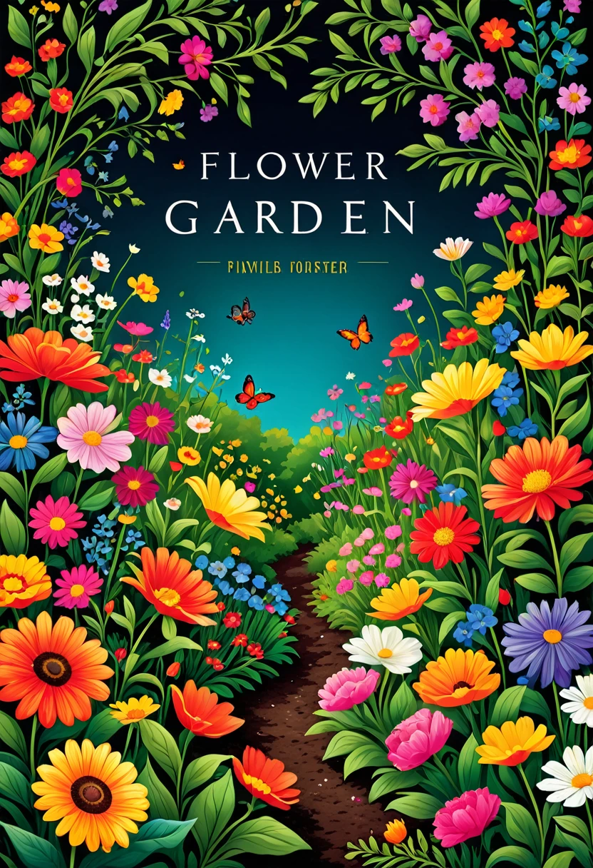 llustration of a book cover of flower garden with vivid colors and dark background