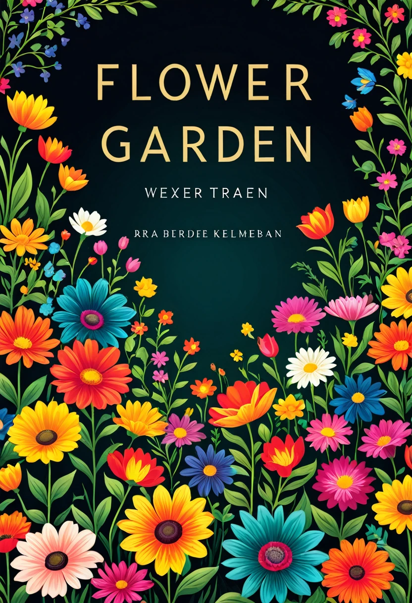 llustration of a book cover of flower garden with vivid colors and dark background