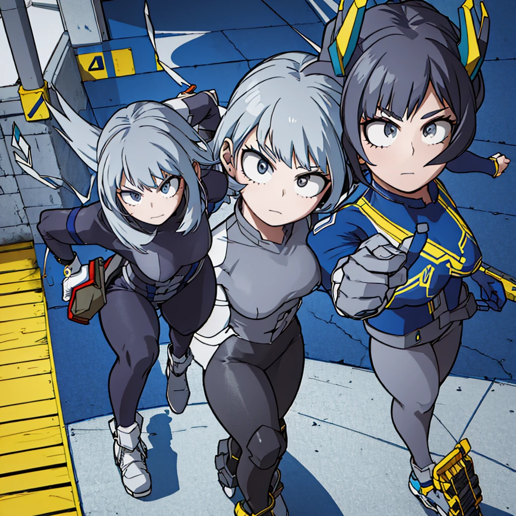 A heroic looking girl with short hair, wearing a gray hero costume, Gray hero costume, bluegray details