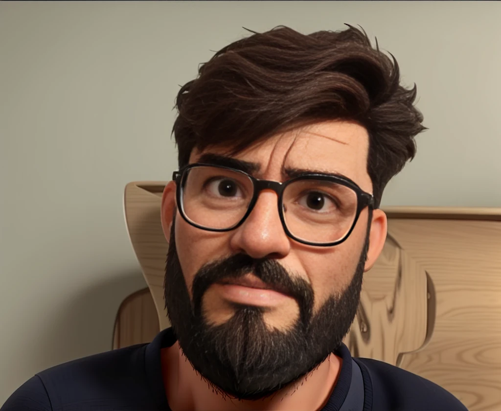 38-year-old man wears glasses and a beard is in the room