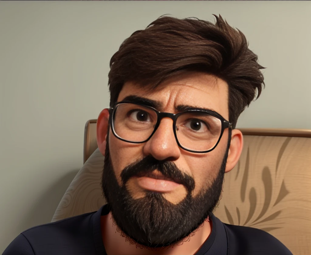 38-year-old man wears glasses and a beard is in the room
