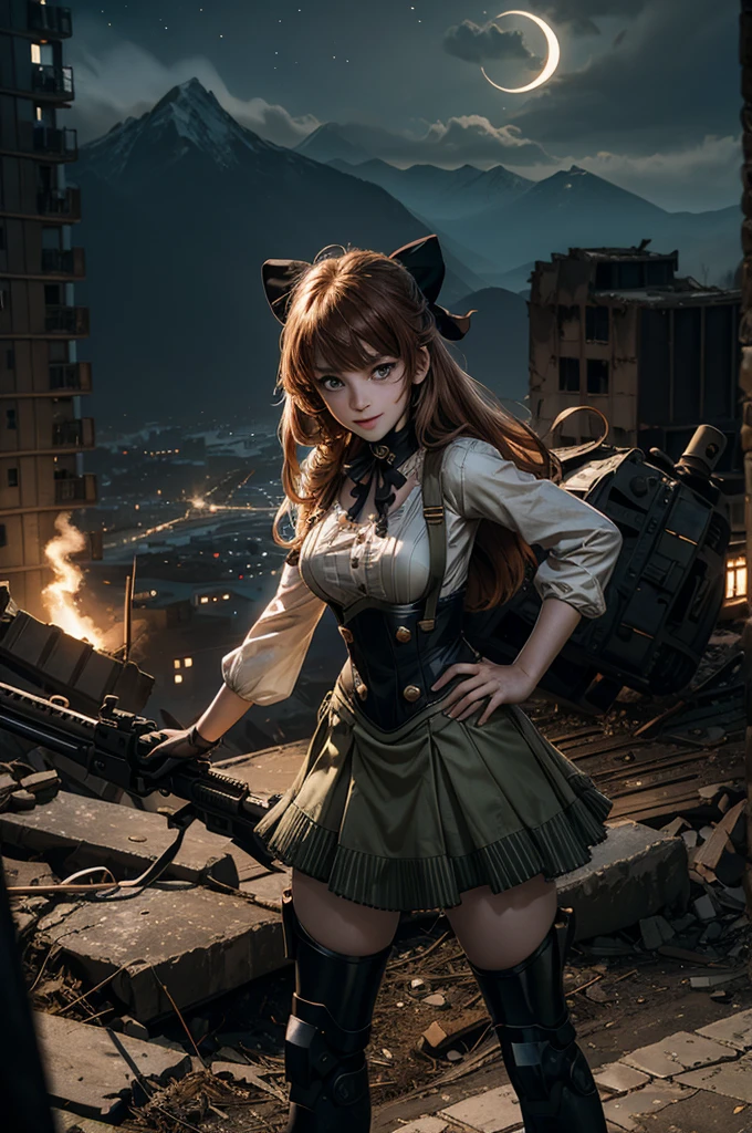 cowboy shot, (dynamic pose), smile, underbust, Penny Polendina, long hair, neck ribbon, suspender skirt, corset, black bow, white blouse, mechanical legs, neon trim, standing with soldiers, (soldiers searching with rifles), ((in city ruins on hill, overlooking valley)), BREAK night, stars, moon, snow, BREAK mountains in background, waterfall, vehicle wreck, ((people in military uniform)), bonfires, post-apocalypse, dystopian future, (volumetric lighting), intricate details, tonemapping, sharp focus, hyper detailed