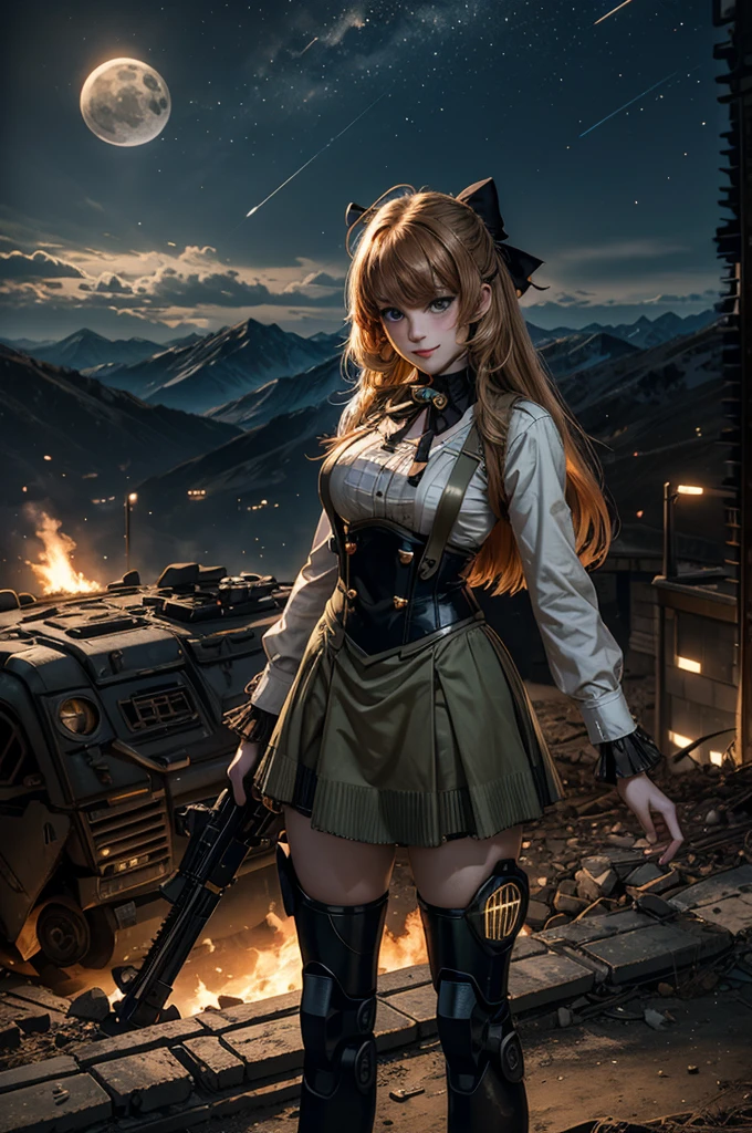 cowboy shot, (dynamic pose), smile, underbust, Penny Polendina, long hair, neck ribbon, suspender skirt, corset, black bow, white blouse, mechanical legs, neon trim, standing with soldiers, (soldiers searching with rifles), ((in city ruins on hill, overlooking valley)), BREAK night, stars, moon, snow, BREAK mountains in background, waterfall, vehicle wreck, ((people in military uniform)), bonfires, post-apocalypse, dystopian future, (volumetric lighting), intricate details, tonemapping, sharp focus, hyper detailed