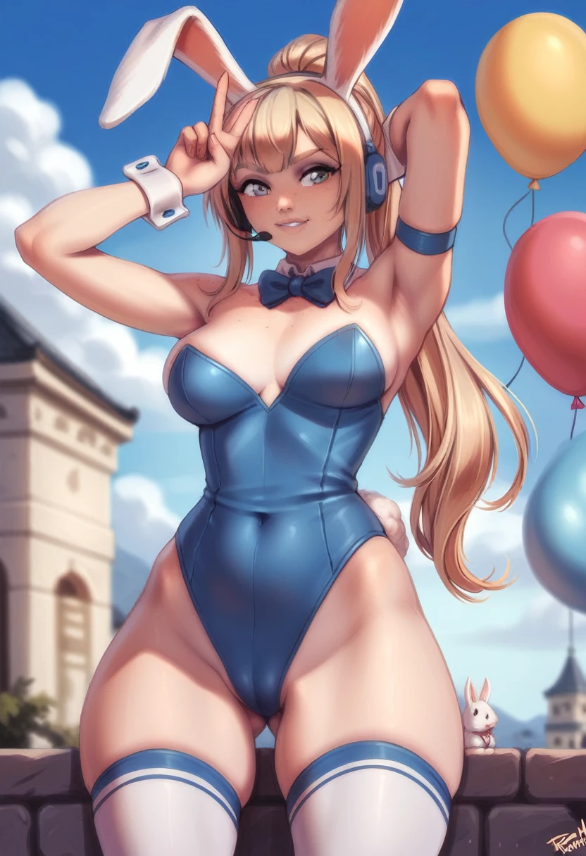 PersonalAmi style, 1girl, asuma toki, solo, thighhighs, animal_ears, leotard, _bunny, breastseyes, rabbit_ears, blonde_hair, tail, bow, white_thighhighs, armpits, rabbit_tail, balloon, v, looking_at_viewer, long_hair, strapless_leotard, fake_animal_ears, wrist_cuffs, blue_leotard, strapless, blue_bow, medium_breasts, bowti blue_sky, detached_collar, arm_up, ponytail, highleg_leotard, blue_bowtie, bangs, fake_tail, day, cloud, headset, highleg, skindentation
