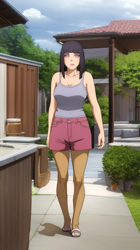 Masterpiece, Hinata\(Boruto\), 1 girl, alone,mature woman, (wearing mini camisole & hotpants:1.25), outdoor, look at viewer, (petals falling), The sky is cloudy, laundry-ing, perfect composition, details lips, big breast, Beautiful face, body proportions, Blush, (pink lips), long hair, purple eyes, soft stare, sad smile, Very realistic, details, photography, accurate faces and bodies, stay-at-home wife, lonely wife x burly black granpa,