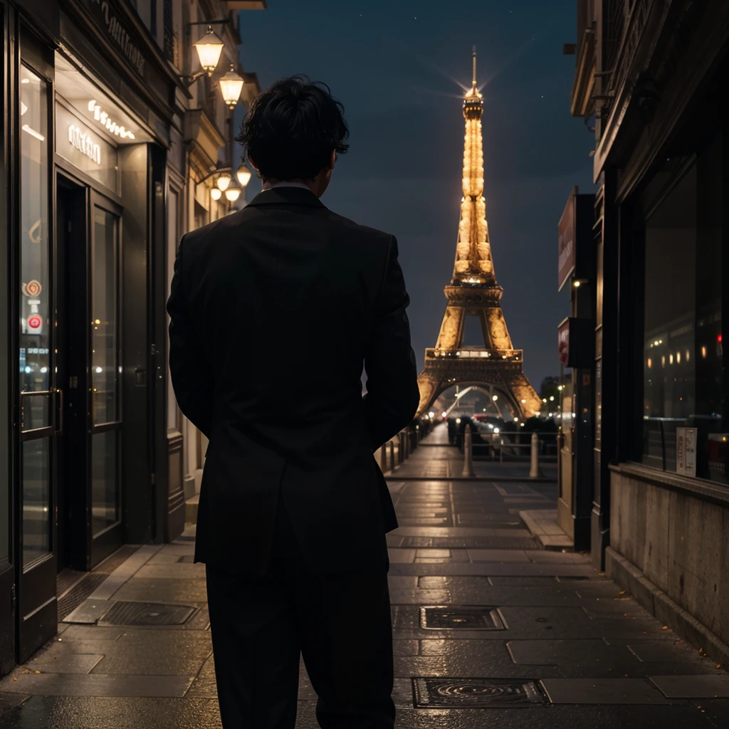 a boy with messy black hair facing his back wearing a black suit on the paris streets overlooking tower Eiffel at night