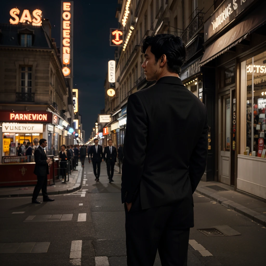 a boy with messy black hair facing his back wearing a black suit on the paris streets overlooking tower Eiffel at night