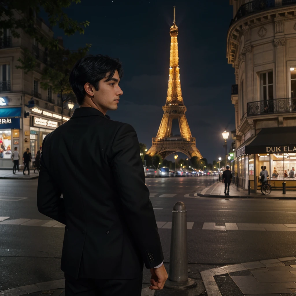 a boy with messy black hair facing his back wearing a black suit on the paris streets overlooking tower Eiffel at night