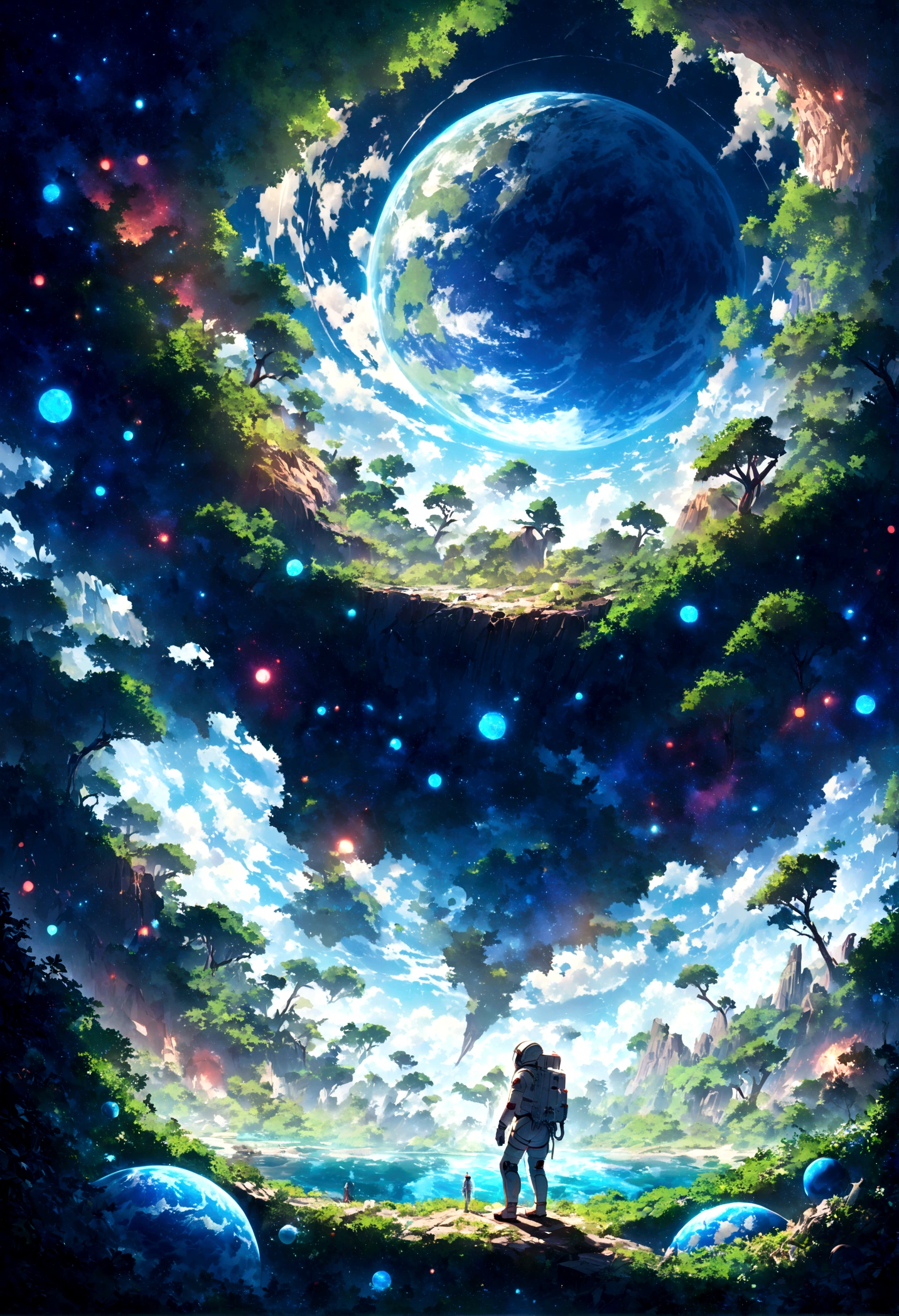 An astronaut standing on an alien planet filled with lush greenery, looking up at a destroyed Earth in the sky. The planet's vibrant landscape contrasts with the broken and fragmented view of Earth, creating a surreal and poignant scene. Intricate details, vivid colors, dramatic lighting, hd quality 