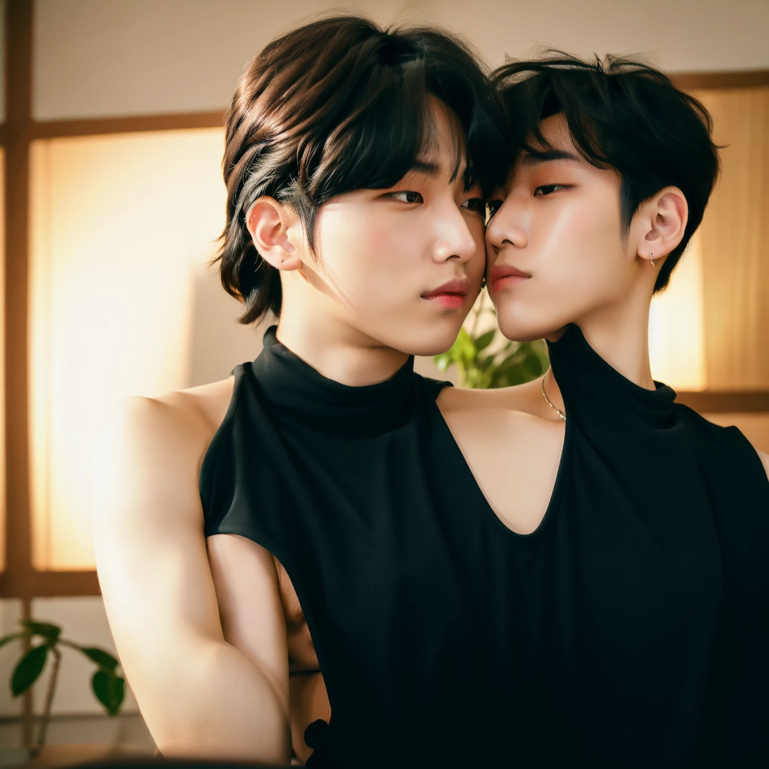 RAW photo , (2 asian boys kissing:1.2), (high detailed skin:1.2), 8k uhd, dslr, soft lighting, high quality,  ultra realistic, best quality, ultra high res,  bangs, indoors, detailed face, detailed black hair, detailed eyes, ((detailed lips)), showing armpits,  jewelry