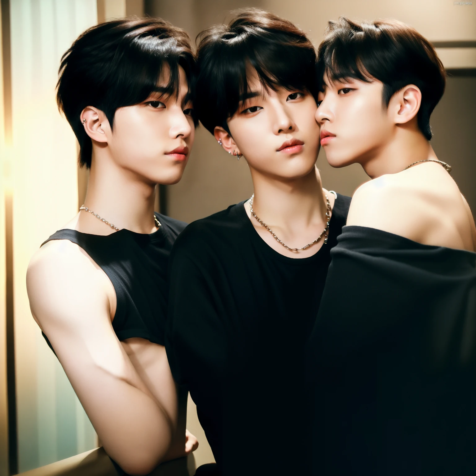 RAW photo , (2 asian boys kissing:1.2), (high detailed skin:1.2), 8k uhd, dslr, soft lighting, high quality,  ultra realistic, best quality, ultra high res,  bangs, indoors, detailed face, detailed black hair, detailed eyes, ((detailed lips)), showing armpits,  jewelry