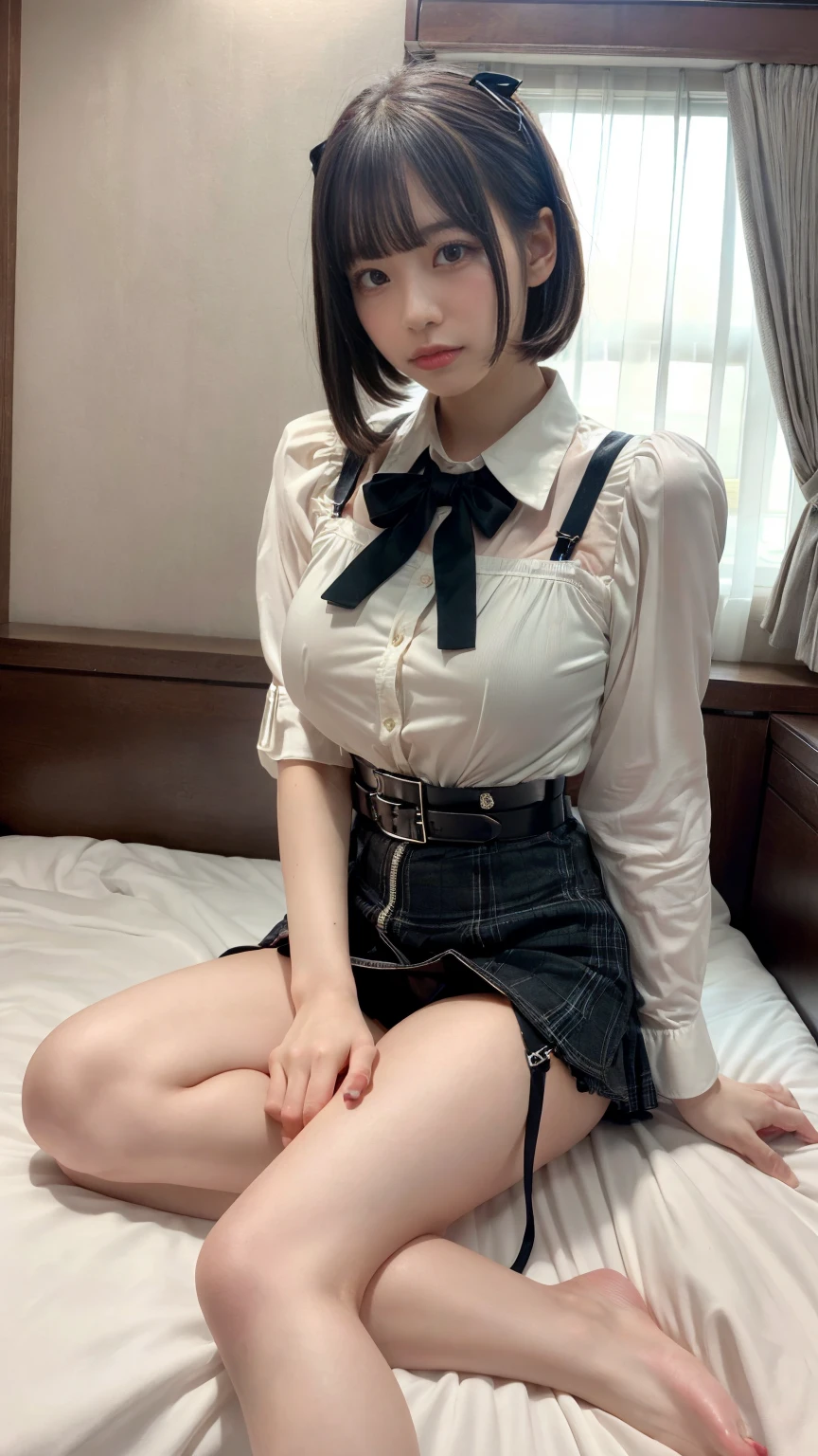 masterpiece, best quality, illustration, Super detailed, fine details, High resolution, 8K,wall paper, perfect dynamic composition,(Details High quality, realistic depiction of eyes:1.3), (Fashionable, a belt black suspenders, Aside Cutter Shirt, a miniskirt, garterbelts), short bob hair, large breasts, black hair color, Big Natural Color Lip, (perfect body shape), crying a little、cold gaze, Harajuku style、20 year old girl、cute type、lolita、beautiful legs, hotel room, Gravure Idol, Voluptuous thighs, (woman on top, straddling, sitting)