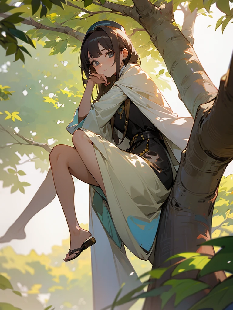 Pretty young woman sitting on the side of the tree