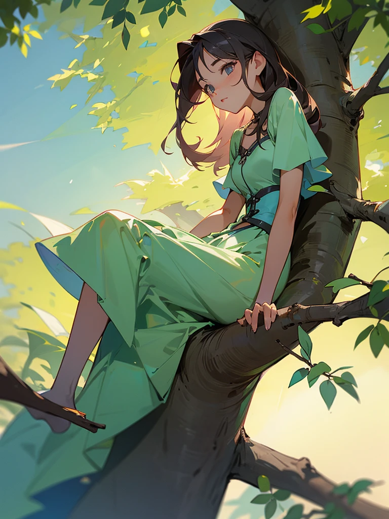 Pretty young woman sitting on the side of the tree