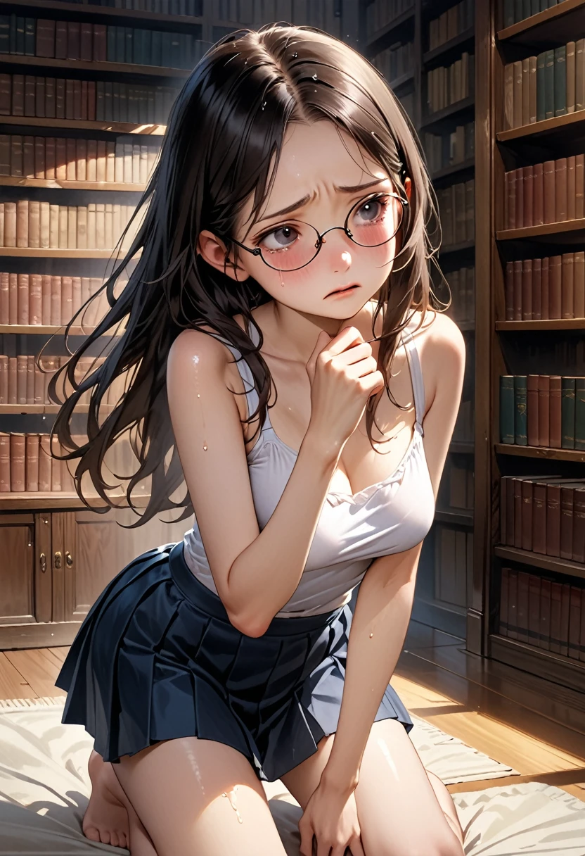 ((masterpiece,Highest quality;1.3,best illustration,realistic)),Being forced to expose your underwear、1woman、独奏,22 year old beauty,((very small head:1.1)),center parted bangs,forehead,black hair,long hair,black eyes,gorgeous eyes,Black-rimmed glasses、tears,shy,sad,medium breasts,((very long body)),((toned body,slender body,skinny)),gleaming skin,shiny skin,oily skin,(Dark blue pleated mini skirt、Flip-up skirt、White panties、Wet crotch)、White tank top、kneeling,incontinence、peeing,library、Tokyo、