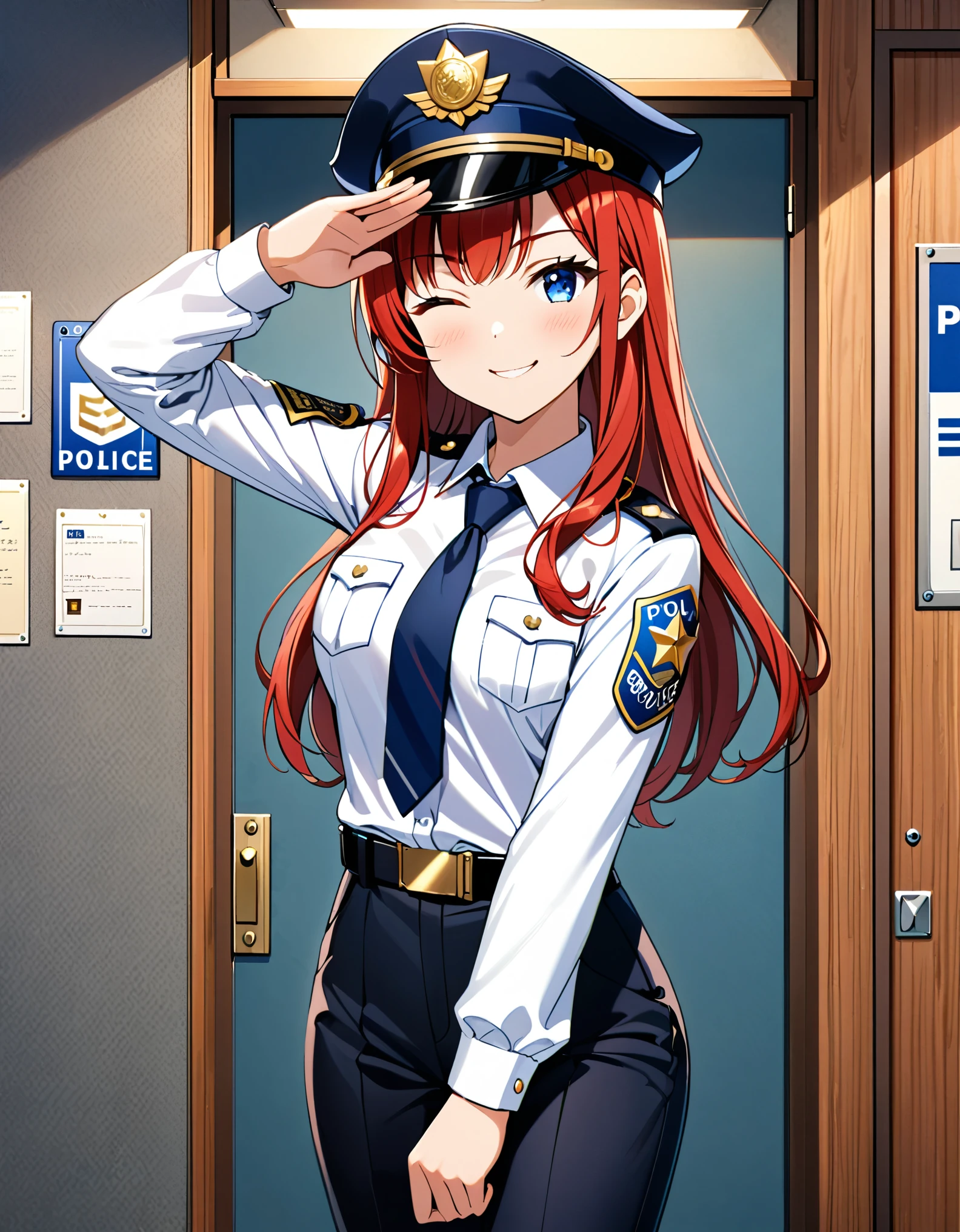 masterpiece, best quality, medium breasts, 1girl, solo, single, (red hair, long hair, blue eyes, bangs), (full body), salute, standing, smile, :d, looking at viewer, (one eye closed, wink). japanese police uniform, (white shirt), long sleeves, (black pants, tie), matching shoes, (badge), (perfect hands, perfect anatomy), cowboy shot, ((beautiful detailed eyes)), cute face. dpolice station backdrop, indoors.