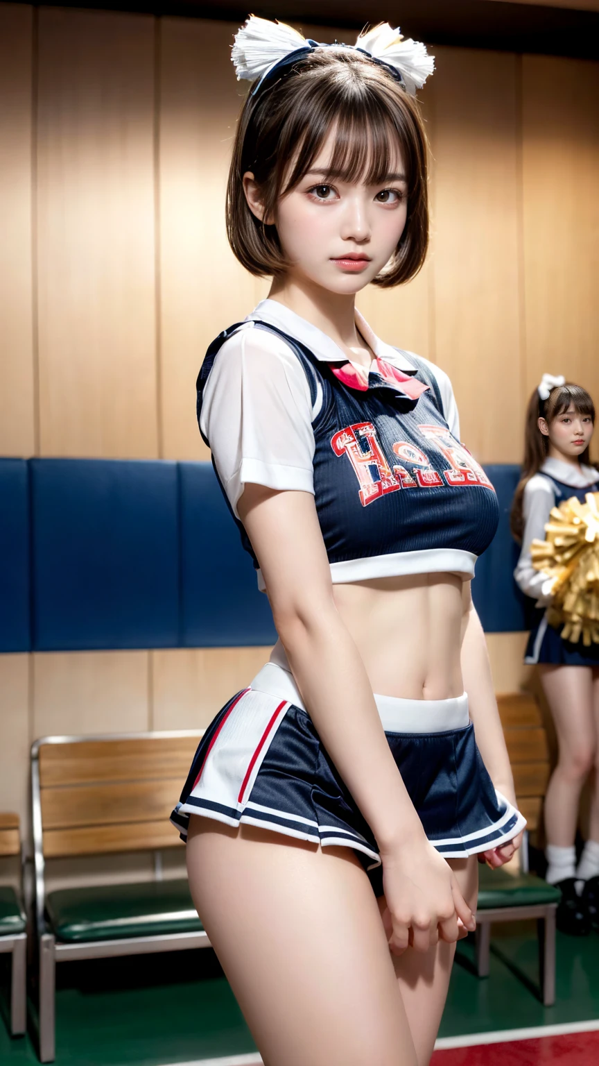 masterpiece, best quality, illustration, Super detailed, fine details, High resolution, 8K,wall paper, perfect dynamic composition,(Details High quality, realistic depiction of eyes:1.3), hotel room, (cheer girl:1.5),(a miniskirt), to stand、large breasts,short bob hair, black hair color, Big Natural Color Lip, bold sexy pose, crying a little、Harajuku style、20 year old girl、cute type、lolita、beautiful legs, hposing Gravure Idol