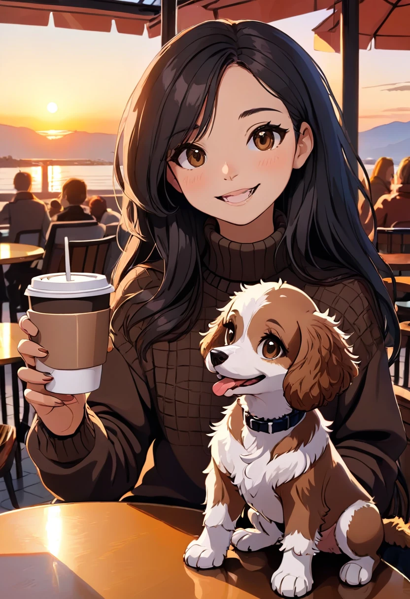 Cute black long straight hair brown eyes round face girl wearing brown sweater sitting in café drinking coffee, sunset, toothy smile without bangs, holding a poodle puppy in her arms