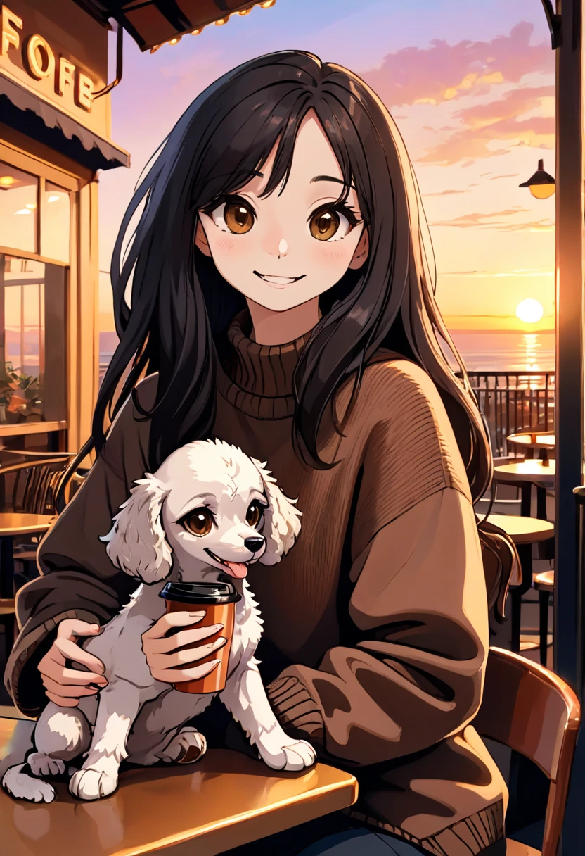 Cute black long straight hair brown eyes round face girl wearing brown sweater sitting in café drinking coffee, sunset, toothy smile without bangs, holding a poodle puppy in her arms