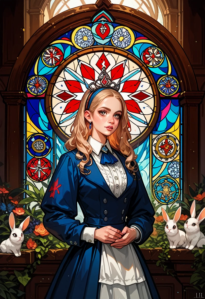 Masterpiece, medieval times, mystical, Alice in Wonderland, 1girl, Rabbit in a suit, Sil Off from Isometric Anime, stained glass, On White Background, Geometric composition,